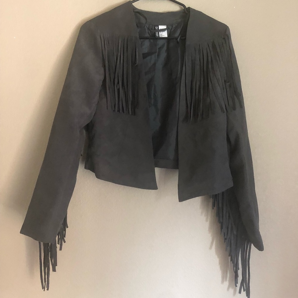 H&M gray cropped suede fringe jacket